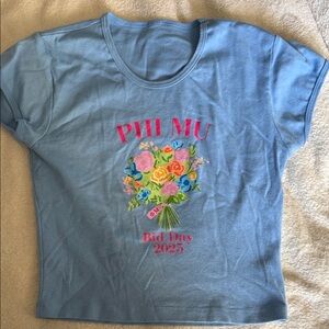 Phi Mu Bid Day 2025 Blue Tee with Floral Graphic